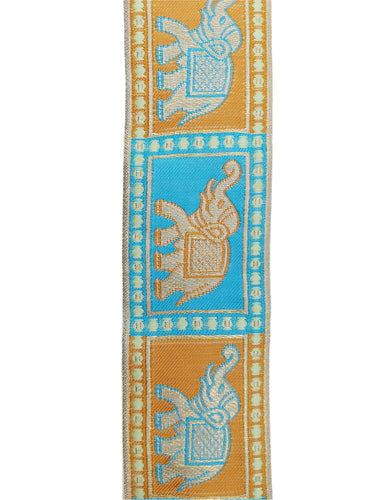 Beige Shimmer Jacquard Brocade Saree Border Trim with Elephant Woven in Brown and Blue, 9 Yards